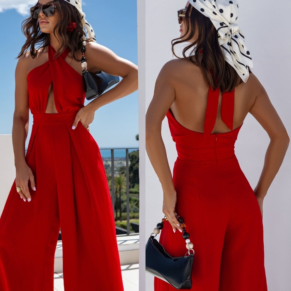 Red Halter Wide-Leg Jumpsuit